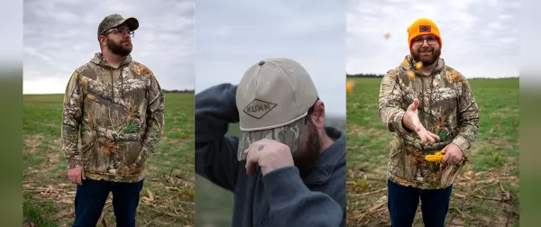 Three photos of a man wearing KUHN camo apparel